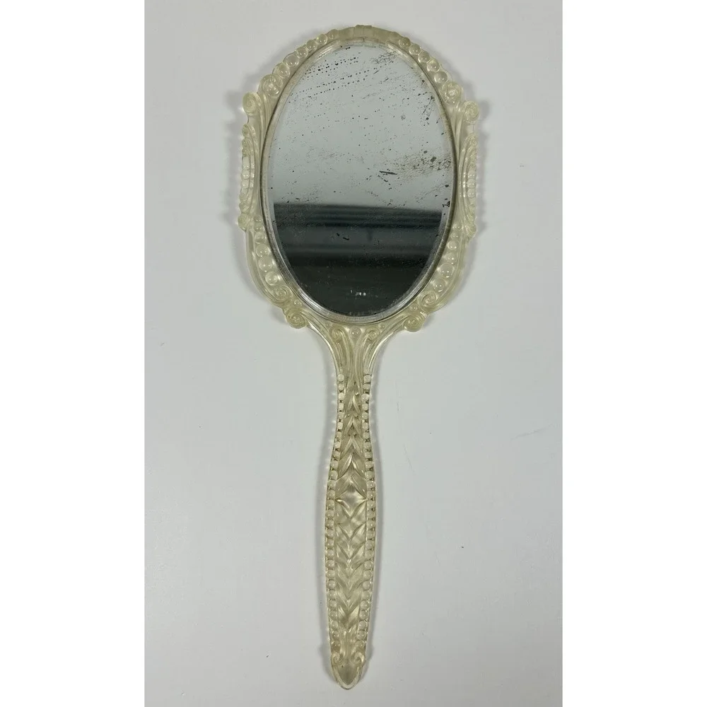 VTG MID CENTURY LUCITE Hand Mirror Blue Bow Design 13
